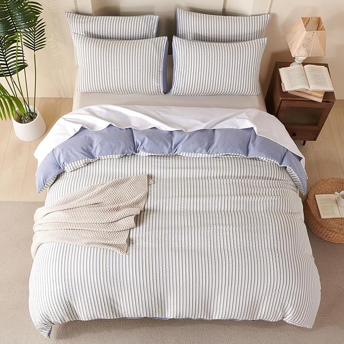 King Size Duvet Cover Blue Striped Washed Microfiber Jacquard 3 Pieces Bedding Set, White Blue Vertical Ticking Stripes Pattern Comforter Cover with Zipper Closure Breathable Durable Soft Comfy