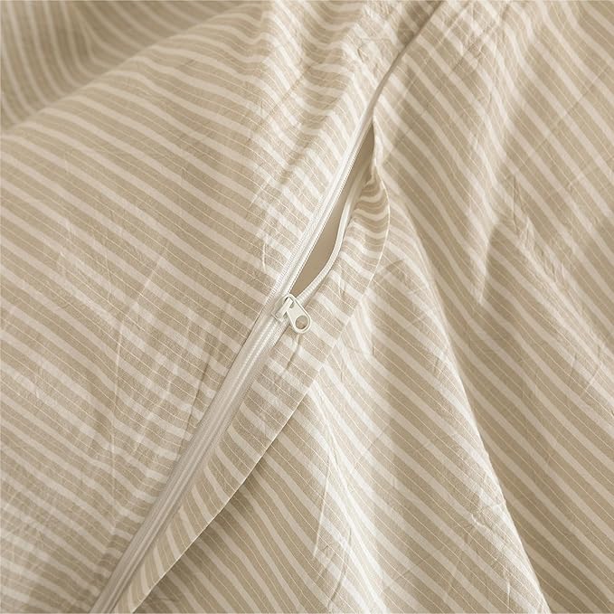 JIYUAN 100% Washed Cotton Striped Duvet Cover Set 3 Pieces King, 1 Duvet Cover and 2 Pillowcases(Comforter Not Included),Linen Like Bedding Set Comfy and Breathable,Pinstripes-Heathered Beige White