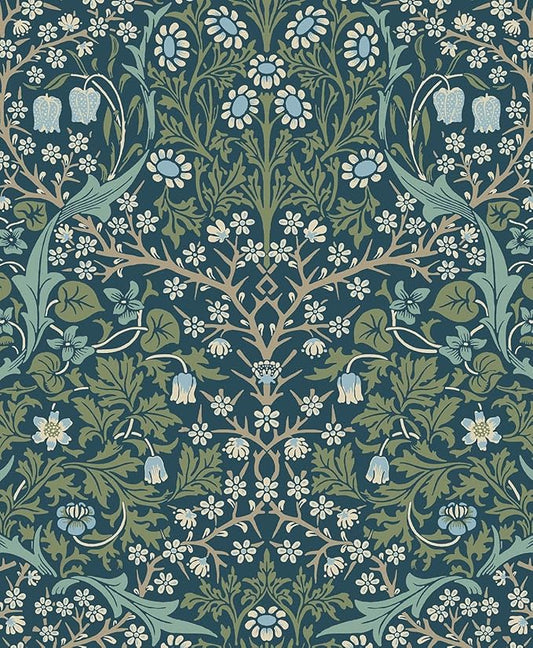 NextWall Seabrook Designs Victorian Garden Floral Vintage Prepasted Wallpaper (Prussian Blue & Moss Green)