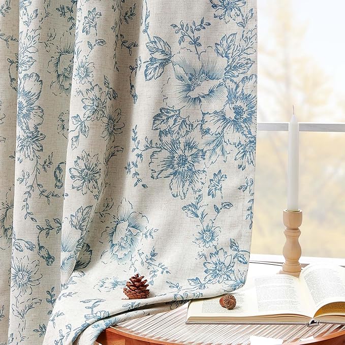 jinchan Blackout Linen Blend Curtain Floral Blackout Curtains for Living Room 84 Inch Length Blue Printed with Lined Blackout Curtain for Bedroom Farmhouse Curtains Set 2 Panels