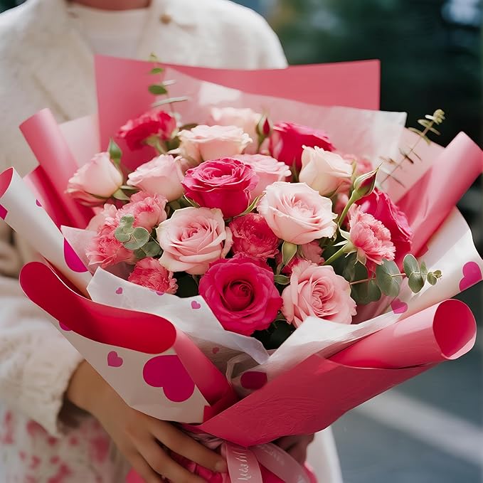 LeZakaa 20 Sheets Flower Wrapping Paper, Hot Pink Heart Design Waterproof Floral Bouquet Paper for Valentine's Day, Wedding, Anniversary Romantic Gift Packaging