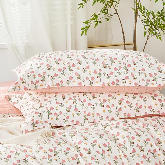 SAPHREAS King Size Pink Bellflower Floral Duvet Cover Set 3pcs Garden Style Botanical Blossom Bedding Comforter Cover Set 100% Cotton 1 Duvet Cover 104"x90" 2 Pillow Shams, Comforter Not Included