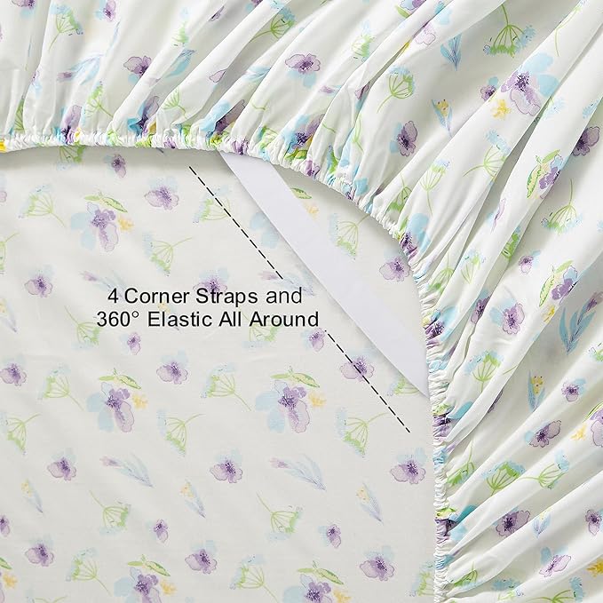 Softan Floral Full Sheet Set Blue Purple Flower Printed Bed Sheets, Soft Microfiber Patterned Fitted Sheets Full with 15" Deep Pocket & Non-Slip Straps, Summer Cooling Sheets & Pillowcase Set