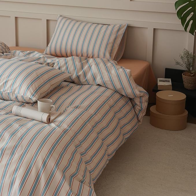 LifeTB Striped Comforter Set Queen Size, Fluffy Soft Blue Brown Stripes Pattern Printed Bedding Set, 3 Pieces Lightweight Bedding Comforter Set, Breathable Striped Bed Comforter with 2 Pillowcases