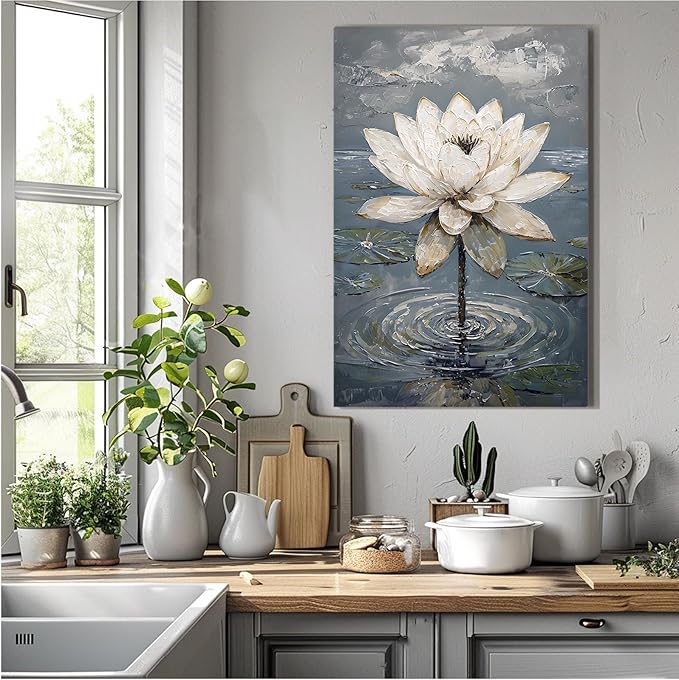 Stunning white lotus emerges from prismatic water with delicate petals background Serene aquatic wall art suitable for modern minimalist decor 16x24in Wood Framed