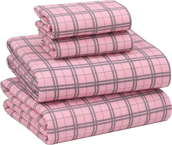 RUVANTI Flannel Sheets King Size - 100% Cotton Brushed King Size Sheets Set - Deep Pockets 16 Inches Bed Sheets - All Seasons Breathable & Extra Soft - Warm & Cozy, 4 Piece, Check & Bolt Pink