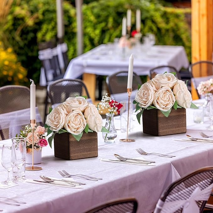 Dining Table Centerpiece Set of 6 - Pre-Made Aritifial Rose with Wooden Vase Fake Floral Arrangment Faux Flower for Wedding Bridal Tea Party Event Decorations - Champagne