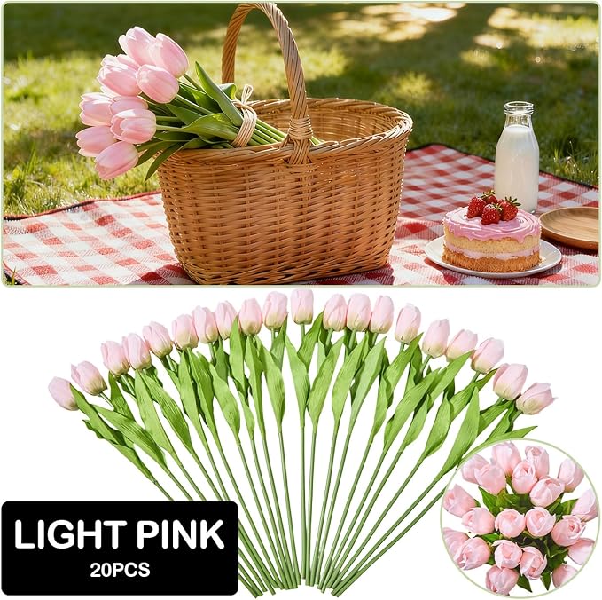 Artificial Flowers Mother's Day Easter Valentine's Day Gifts, Artificial Flowers Fake Tulips Flowers Home Kitchen Wedding Table Decorations a Bunch of 20 Light Pink Tulips