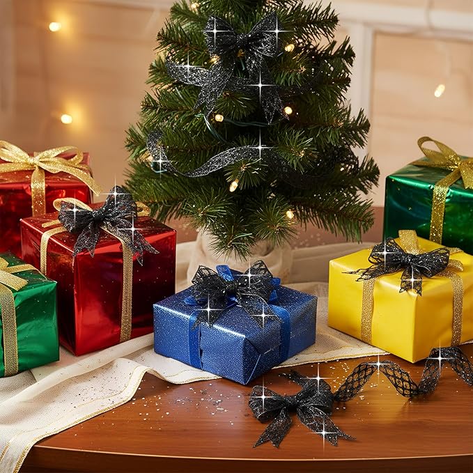 Geosar 20 Yards Black Mesh Glitter Wired Ribbon for Christmas Tree Decorations, Gift Wrapping, DIY Craft, Xmas Wreaths, Cabinet Decor (1.5 Inch)