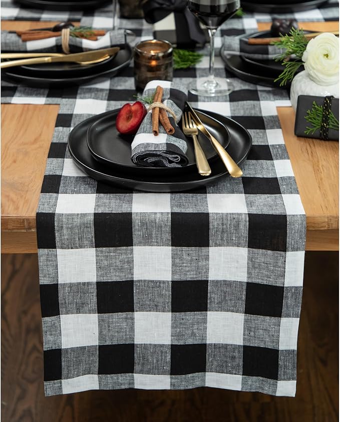 Solino Home Linen Checkered Table Runner 144 Inches Long - 100% Pure Linen Buffalo Check Black and White Table Runner 14 x 144 Inch Ideal for Dining, Winter