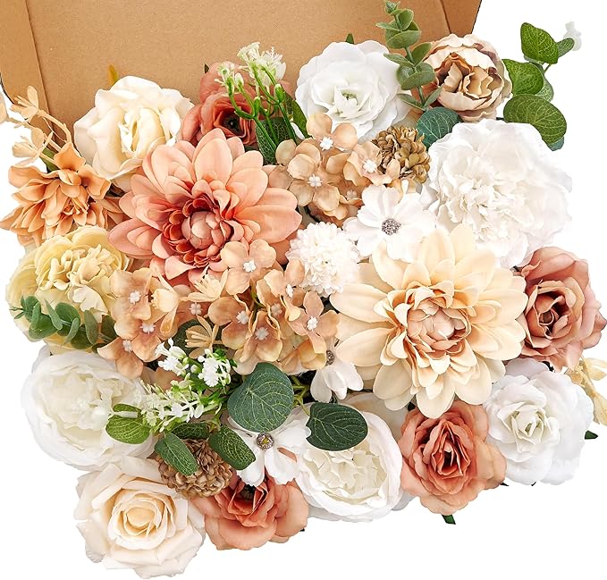 Artificial Flowers Combo Box, Fake Roses Dahlias Silk Flower with Wire Stem, DIY Wedding Bridal Bouquet Baby Shower Party Arrangement Home Décor (Light Orange)