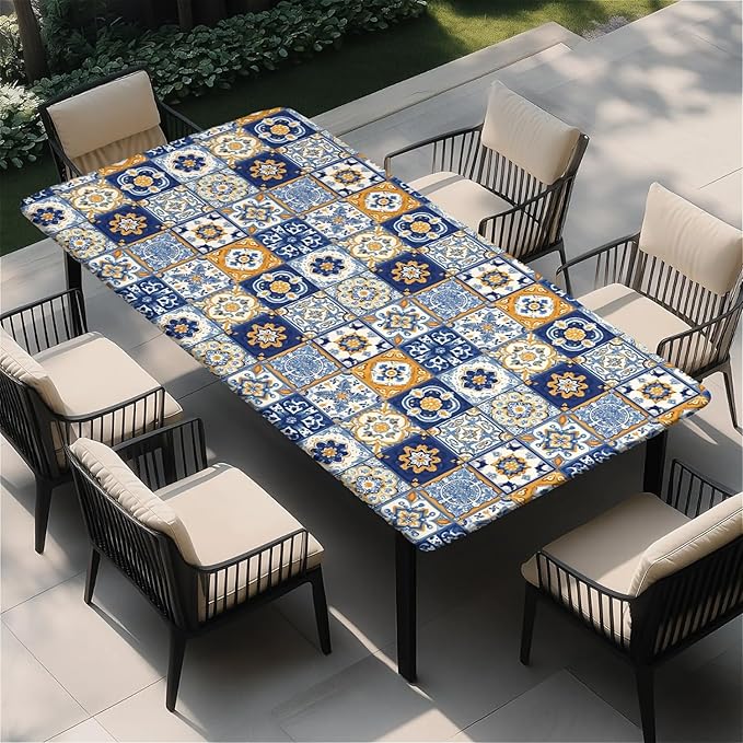 Rectangle Table Cloth Cover Waterproof Elastic Fitted Polyester Fitted Tablecloths for 8 Foot Tables for Indoor,Picnic, Camping, Outdoor （96" x 30"，Bohemian Style）