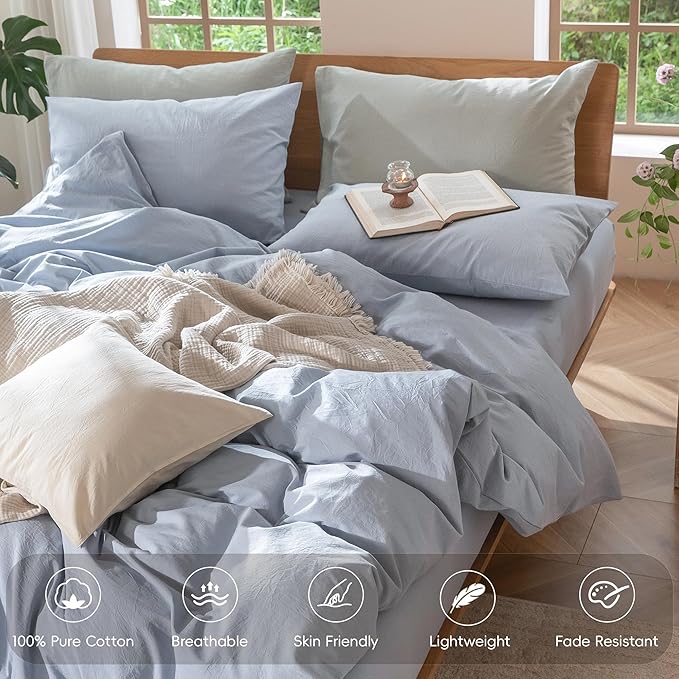 MooMee Bedding Duvet Cover Set 100% Washed Cotton Linen Like Textured Breathable Durable Soft Comfy (Heathered Cornflower Blue, Super King 108"x98")