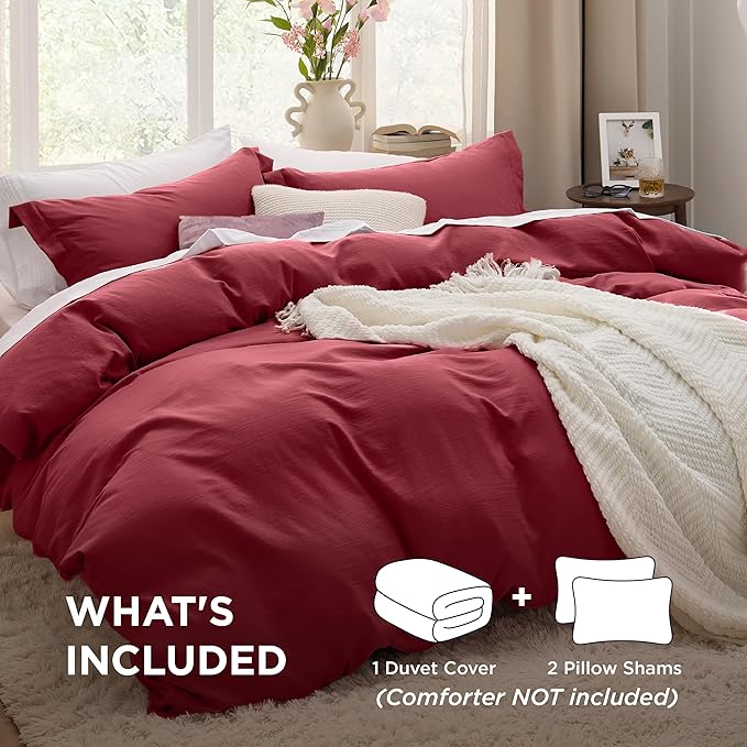 Bedsure Red Duvet Cover Full Size - 3 Pieces Prewashed Extra Soft Cotton-Like Bedding Set, Includes 1 Duvet Cover 80x90 Inches with Zipper Closure & 2 Pillow Shams, Comforter Not Included