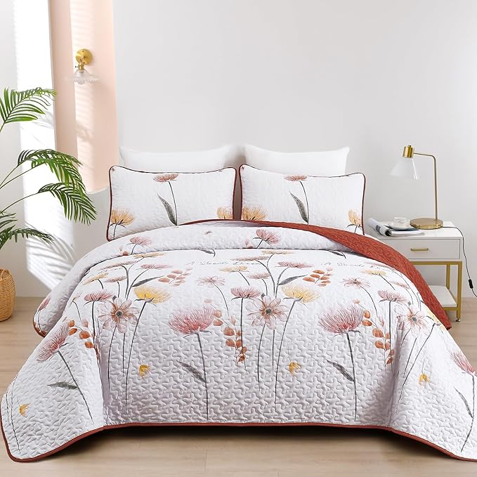 Dinjoy Floral Quilt Set California King Size,Orange Bedspread Farmhouse Bedding Set Soft Lightweight Summer Quilts 3 Piece White Oversized Bedspreads Flower Bed Sets (Cal King,112"x96")