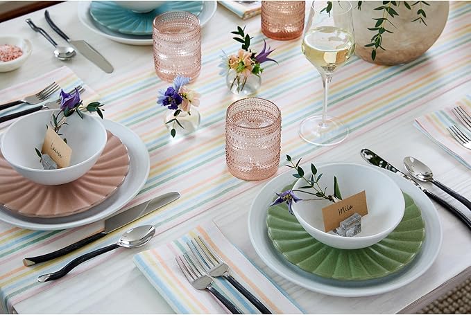 Solino Home Linen Table Runner 156 Inches Long - Julia, 100% Pure Linen Multicolor Muted Pastel Stripe Farmhouse Table Runner 14 x 156 Inch for Dining, Spring, Easter