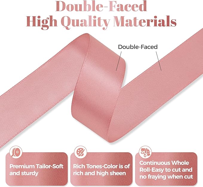 Rose Gold Satin Ribbon, Double Faced 1 Inch X 50 Yards Rose Gold Ribbon, Premium Satin Ribbon for Gift Wrapping, Crafts, Hair Bow Making, Sewing, Flower Bouquet, Wedding Party Decor