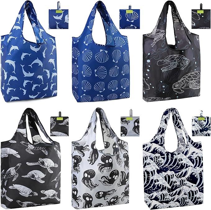 BeeGreen Animal Reusable Grocery Bags 6 Pack, Heavy Duty Totes for Women, Foldable Grocery Bag Large Shopping Totes with Handles for Work, Travel, Gift, Store, Polyester Washable Reusable Tote Bag