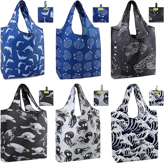 BeeGreen Animal Reusable Grocery Bags 6 Pack, Heavy Duty Totes for Women, Foldable Grocery Bag Large Shopping Totes with Handles for Work, Travel, Gift, Store, Polyester Washable Reusable Tote Bag