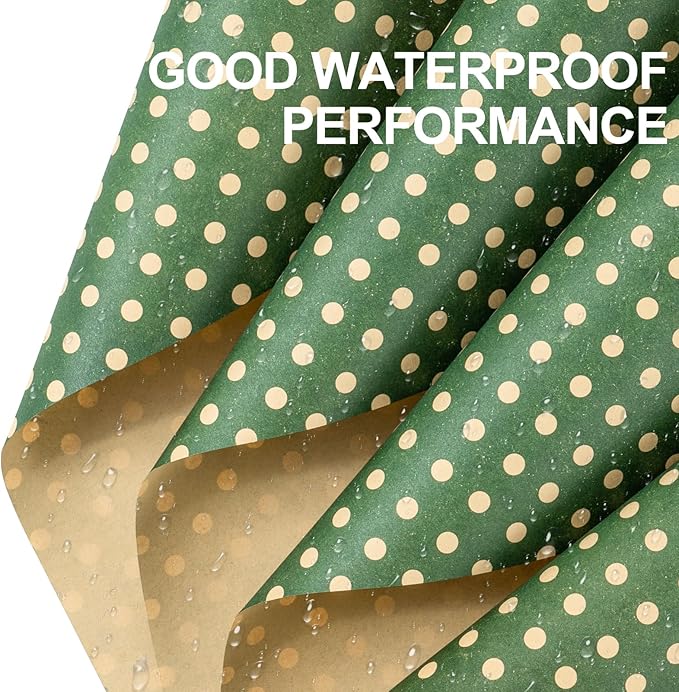 LeZakaa 20 Sheets Kraft Dots Flower Wrapping Paper, Reversible Green with White Polka Dots Floral Bouquet Paper for Christmas, Valentines, Mothers Day, Party, Birthday, Wedding, Baby Shower