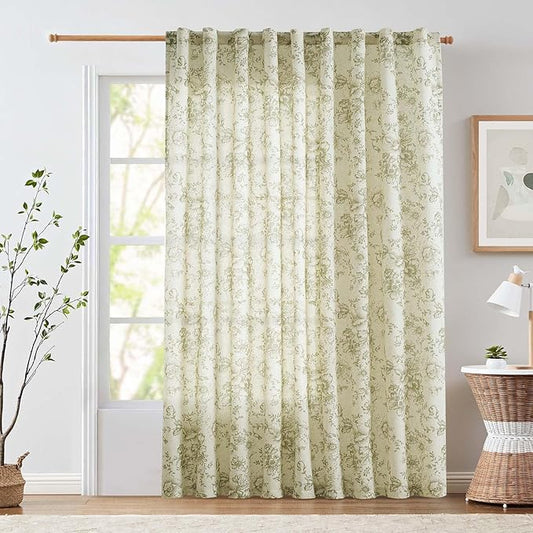 jinachan Linen Floral Curtains Extra Wide for Patio Sliding Glass Door Room Divider Curtain for Living Room Christmas Drapes 90 Inch Length Farmhouse Peony Green Printed Curtain Set 1 Panel
