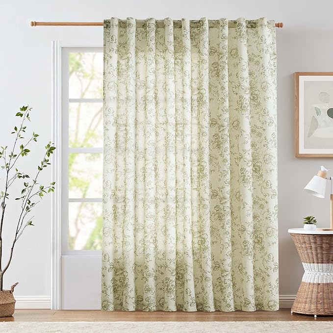 jinachan Linen Floral Curtains Extra Wide for Patio Sliding Glass Door Room Divider Curtain for Living Room Christmas Drapes 84 Inch Length Farmhouse Peony Green Printed Curtain Set 1 Panel