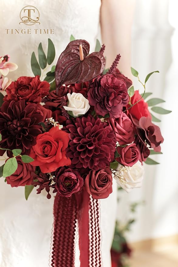 TINGE TIME 11 Inch Wedding Bouquets for Bride, Burgundy Artificial Flowers Bouquet, Brides & Bridesmaids Bouquet Tossing Bouquet for Wedding Anniversary Ceremony Bridal Shower Decorations