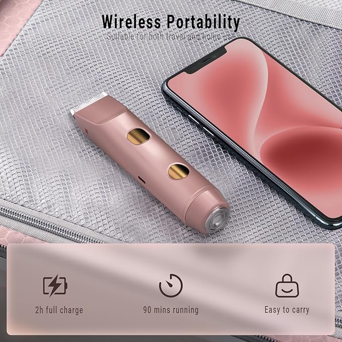 2-in-1 Bikini Trimmer for Women, Bikini Shaver with Dual Heads, Body and Facial Hair Removal, Cordless Rechargeable Electric Razors for Face Chin Pubic Underarm Legs, IPX7 Waterproof, Pink