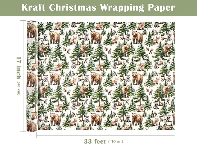 WRAPAHOLIC Kraft Christmas Wrapping Paper - Mini Roll - 17 Inch x 33 Feet - White Wild Animal Winterfall Watercolor and Christmas Tree Wrapping Paper Perfect for Holiday, Party
