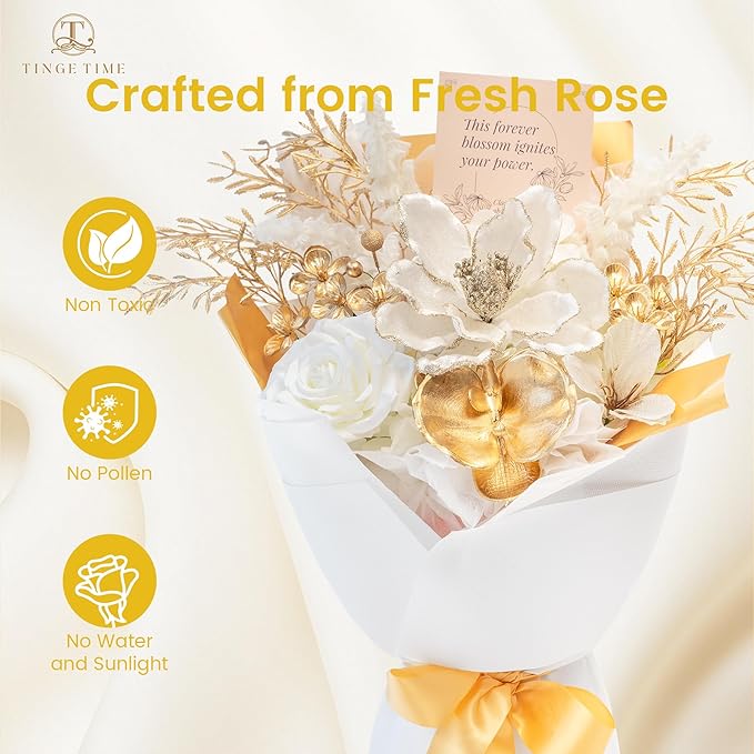 TINGE TIME White Gold Artificial Flowers Bouquet, Platinum Gift Bouquet for Women, Eternal Fake Flower Gift for Christmas Anniversary Birthday Home Décor (White & Gold)