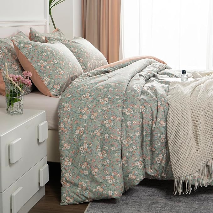 Floral Comforter Set King 3 Pieces Soft Chic Garden Style Vintage Print Lightweight Botanical Flower Comforter Set for All Seasons 1 Comforter and 2 Pillowcases (Floral, King)