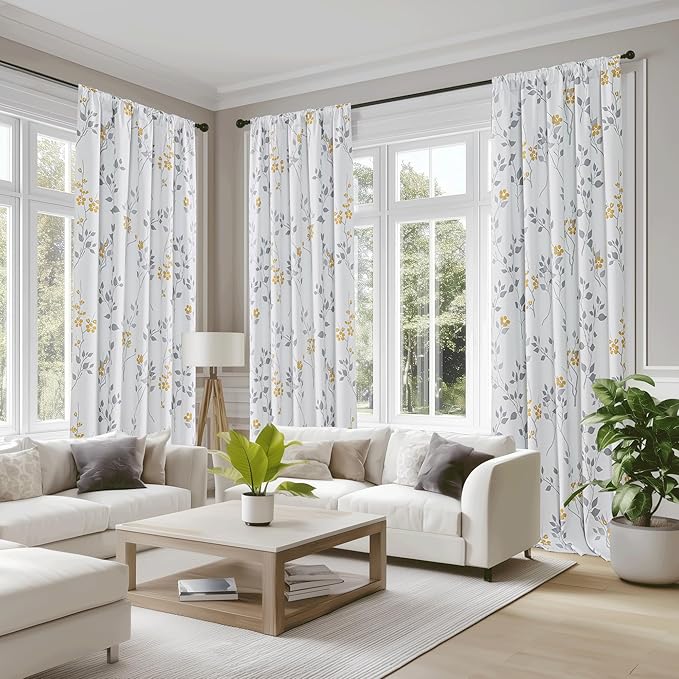 Beauoop Floral 100% Blackout Curtains 63 Inch Length 2 Panels for Bedroom Living Room Yellow Grey and White Flower Patterned Room Darkening Thermal Soundproof Rod Pocket Back Tab Window Drapes, 52X63
