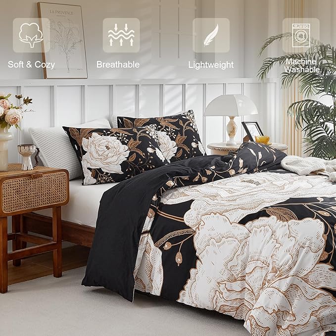 mixinni Floral Duvet Cover Queen Size, 3 Pieces White Flowers and Gold Leaves Printed on Black Bedding Set, Soft Premium Cotton Reversible Elegant Floral Duvet Cover Set for All Season-Queen Size