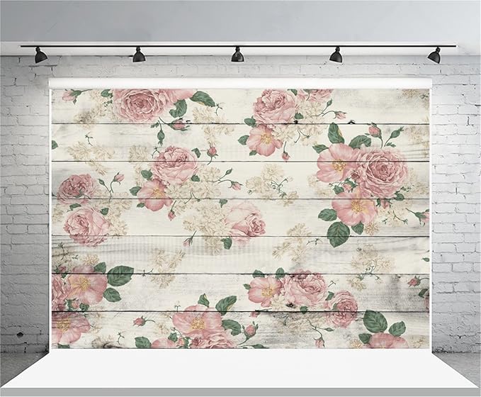 AOFOTO 12x8ft Vintage Wood Plank with Rose Floral Photography Backdrop Retro Pink Roses on Wooden Board Rustic Wedding Background Lady Woman Artistic Portrait Valentine's Day Photoshoot Studio Props
