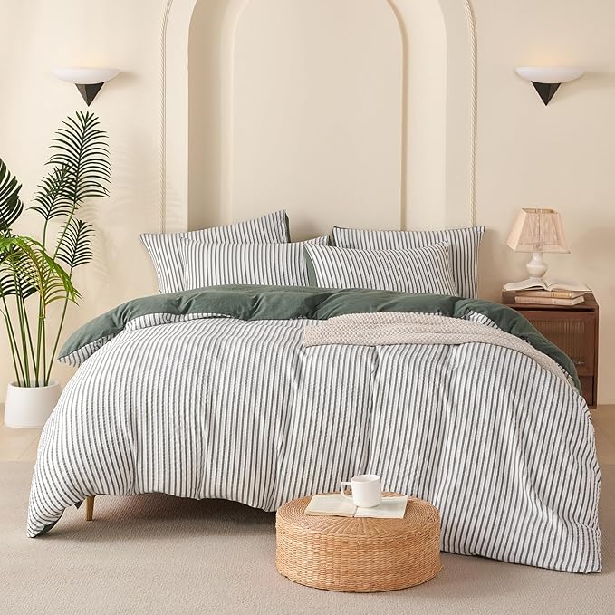 King Duvet Cover Set Striped Washed Microfiber Jacquard 3 Pieces Bedding Set, Green White Vertical Ticking Stripes Pattern Comforter Cover with Zipper Closure Breathable Durable Soft Comfy