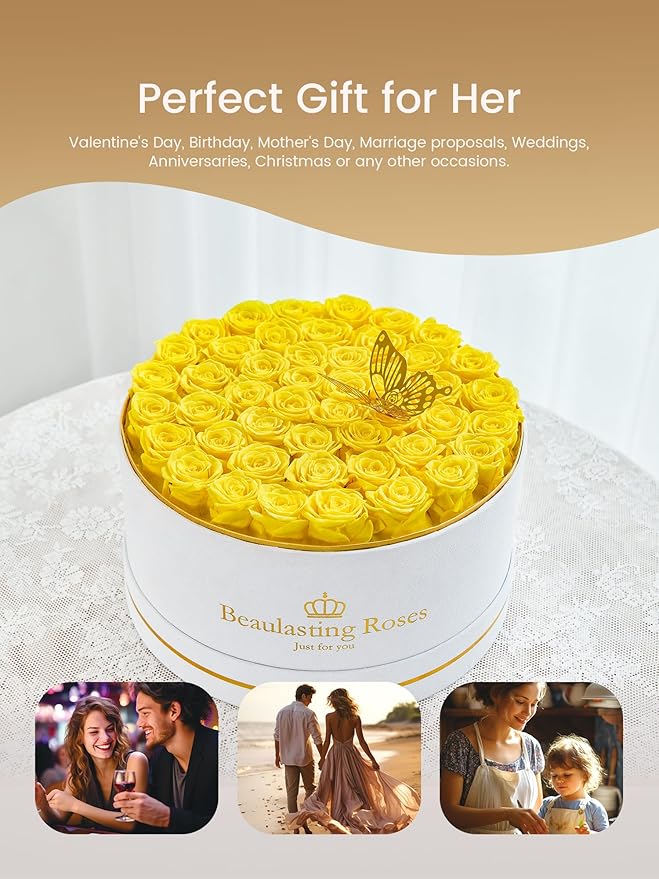 Preserved Roses Forever Flowers Real Roses in a Box Mother's Day Birthday Flowers for Her Mom Women Wife Valentine's Day, Yellow, 47 Piece