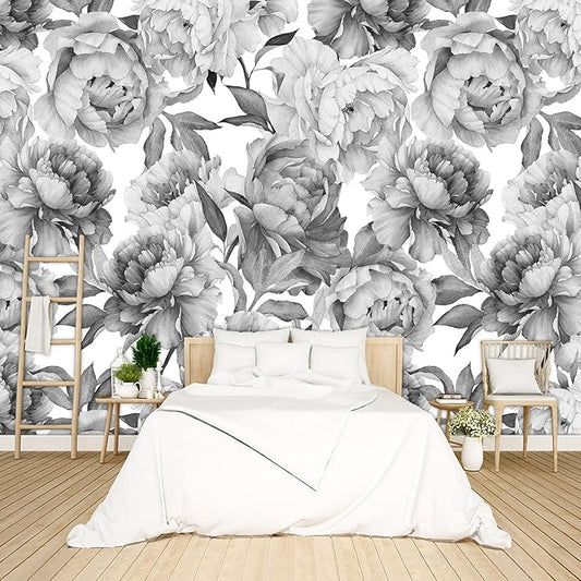 Grey Peony Floral Wallpaper Bedroom Black and White Botanical Flowers Leaf murals Aesthetic Room Decor Living Room tv Background Large Wall Mural - 160"x108" Not Peel and Stick