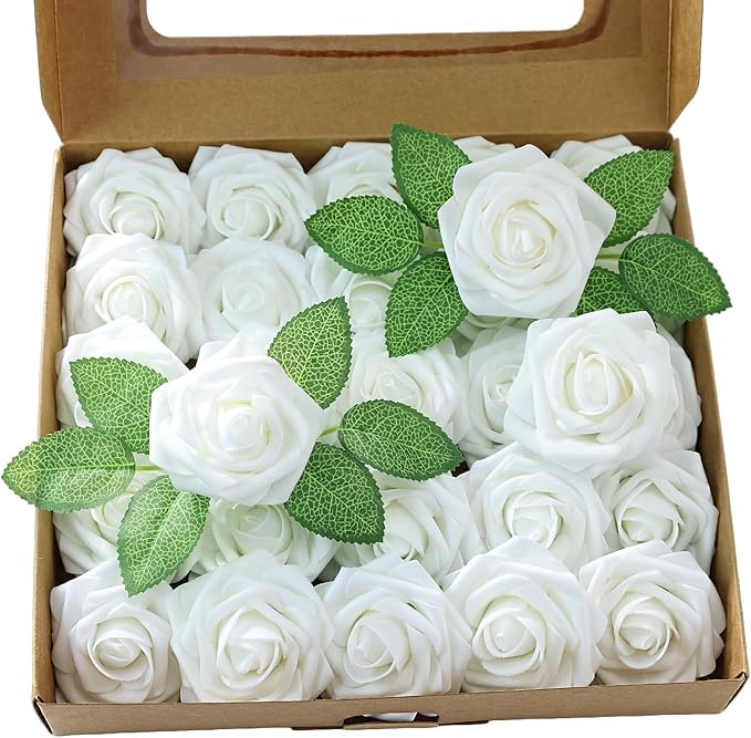 Meldel Artificial Flower 50pcs Real Looking White Rose Fake Foam Roses with Stems for DIY Wedding Bouquets Gifts Bulk Crafts Faux Floral Centerpieces Arrangements Party Home Tables Decorations