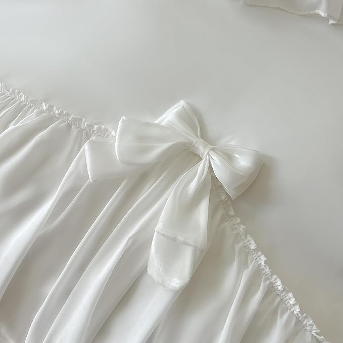 Chic Lace Bedding,Girls Twin Aesthetic Comforter Cover Set,Romantic French Princess Style Ruffled Duvet Cover with Lovely Bow with Zipper Closure-White,Twin