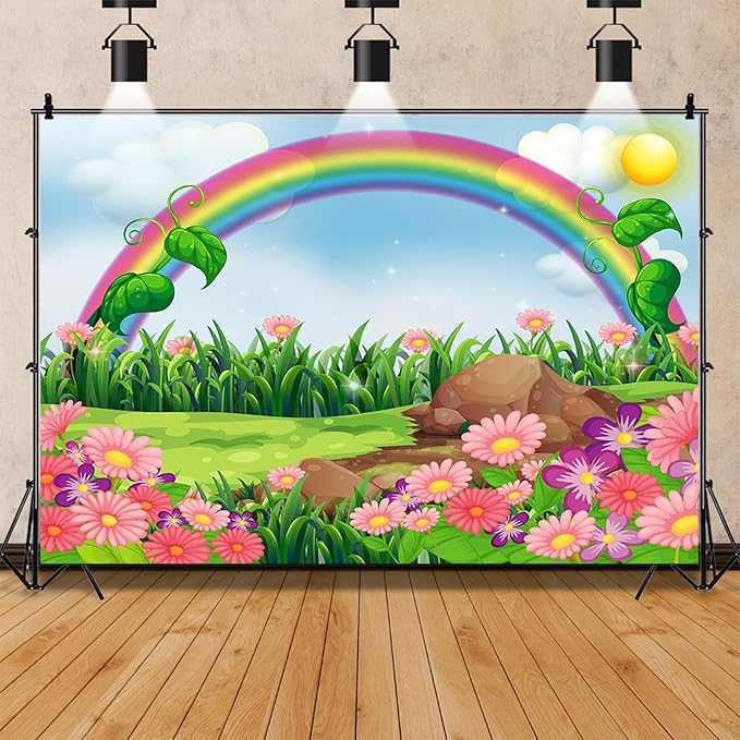 AOFOTO 10x6.5ft Cartoon Spring Flowers Rainbow Backdrop Meadow Sweet Floral Blossom Sky Sun Enchanting Garden Scenery Background for Kids Baby Shower Birthday Party Decor Wallpaper Photoshoot Props