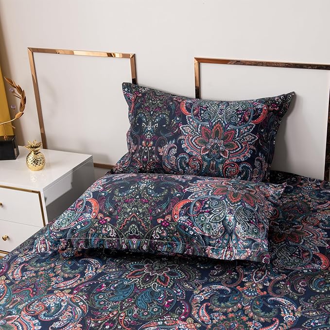 VM VOUGEMARKET Retro Paisley Duvet Cover Queen Size Boho Damask Duvet Cover Sets 100% Brushed Cotton Bedding Set,1 Duvet Cover and 2 Pillow Shams for All Seasons-Stormy Blue