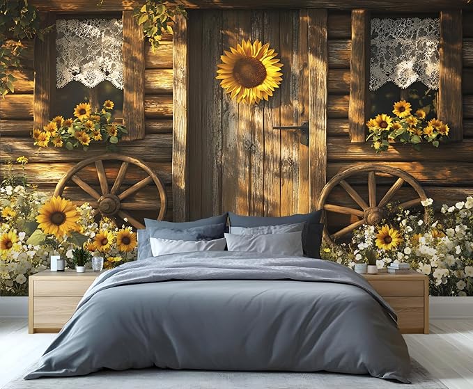 KIREUPA Rustic Cabin Sunflower Wall Mural, Vintage Cottage Door Sunflower 3d Wall Murals, Farmhouse Nature Wallpaper Mural, for Living Room Bedroom Large Wallpaper Indoor Decor 98.4" W x68.9 H