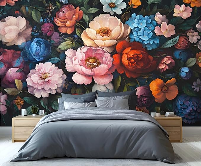 Vintage Peony Floral Wall Mural, Oil Painting Dutch Flower 3D Wall Murals, Romantic Dark Botanical Wallpaper Mural, for Living Room Bedroom Large Wallpaper Indoor Decor 197" W x124.8 H