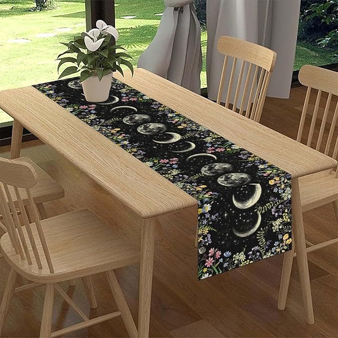 Wild Floral Table Runner, Boho Spring Gothic Moon Phase Wildflower Mystical Witchy Farmhouse Coffee Table Center Decor for Home Kitchen Dining Patio Holiday Party Table Decorations 13x72 inches