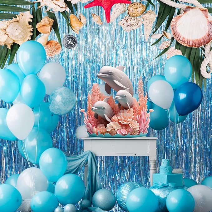 GOER 3.2 ft x 8.2 ft Metallic Tinsel Foil Fringe Curtains Party Photo Backdrop Party Streamers for Birthday,Graduation,New Year Eve Decorations Wedding Decor (Light Blue,1 Pack)