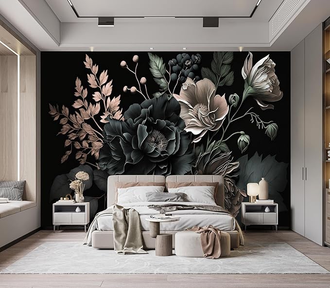Eierme-Black Background with Flowers and Leaves Mural Wallpaper Peel and Stick 137" x 102"