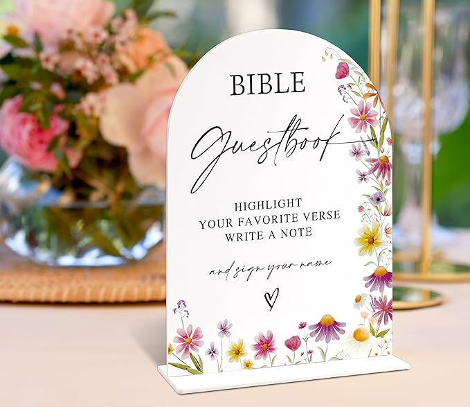 Bible Guest Book Sign for Wedding Table Decor, Wild Flower Arch Acrylic Wedding Signs for Reception, Love Is In Bloom Bridal Shower Floral Engagement Party Decorations, 6x8 Inch