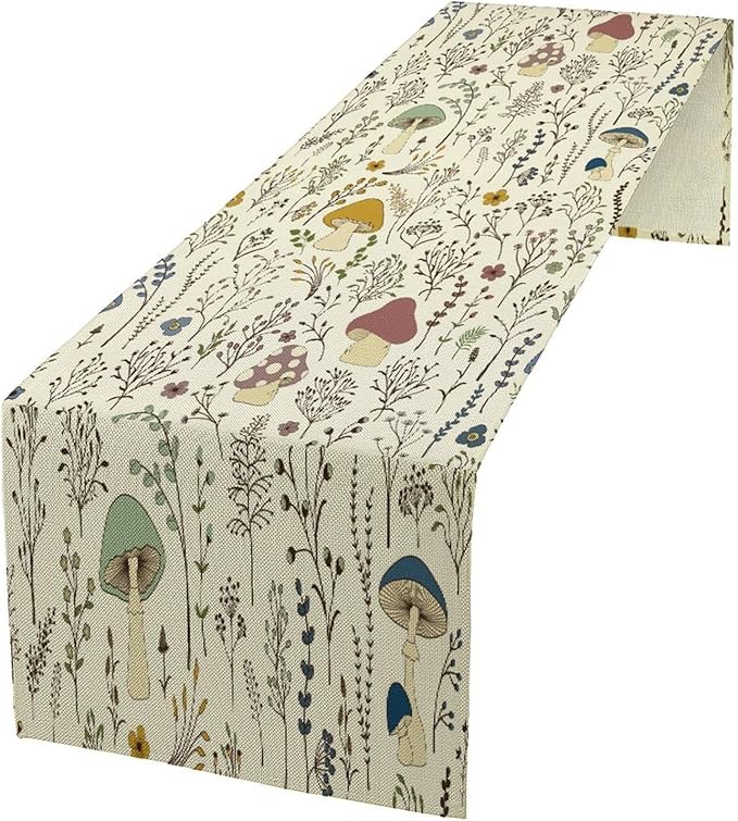 Mushroom Table Runner,Colorful Wild Plants and Fungus Botanical Plants Pattern Print Burlap for Hotel Indoors Outdoor Dining Room Kitchen Holiday Party, 13x90in