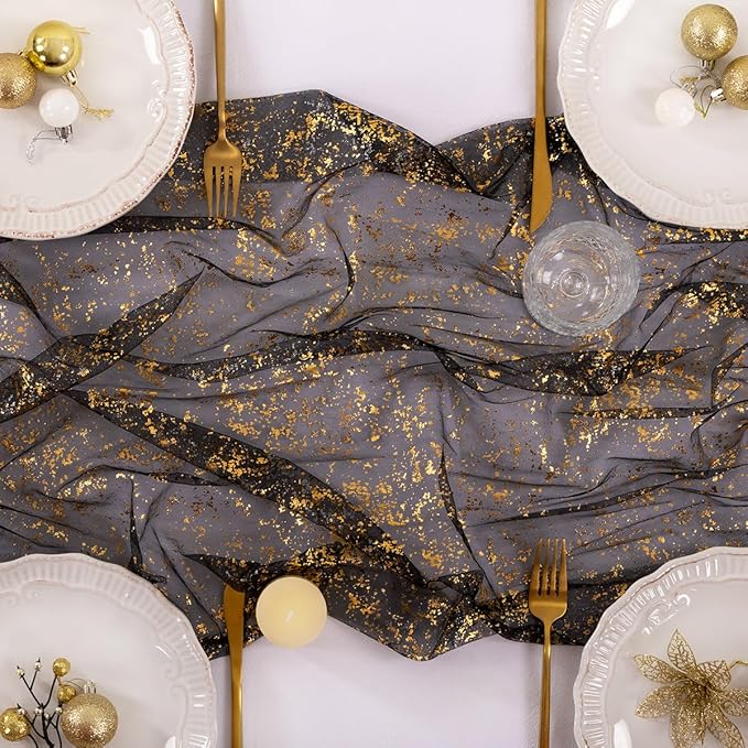Socomi Christmas Snow Table Runner Gold Gauze Sheer Chiffon Cheesecloth Sequin 10FT Glitter Metallic Foil Dining Wedding Birthday Party Fall Winter Holiday Centerpiece Table Decor 3pcs Black