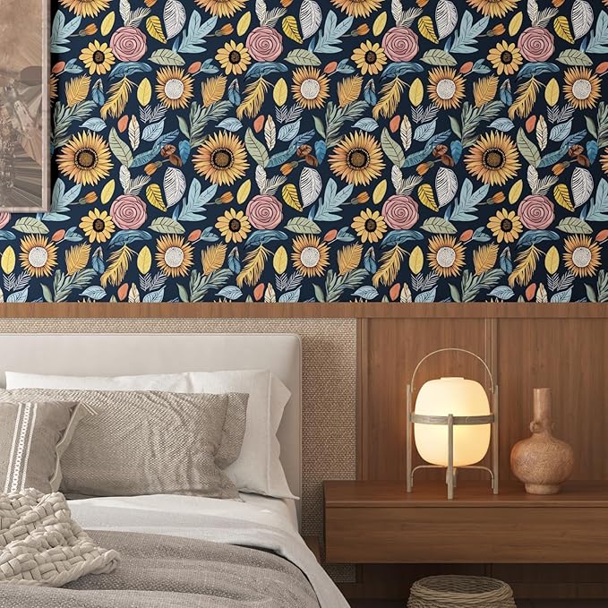 Blue Boho Wallpaper Peel and Stick,Vintage Floral Contact Paper 17.5" x 118", Retro Paisley Flower Botanical Wall Paper Self Adhesive Removable Waterproof for Bathroom Shelves Cabinet Table Decoration